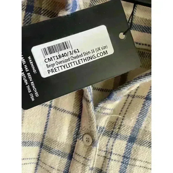Pretty Little Thing Women's Size 3 Oversized Beige Plaid Heavy Flannel Shirt NWT - Picture 7 of 7